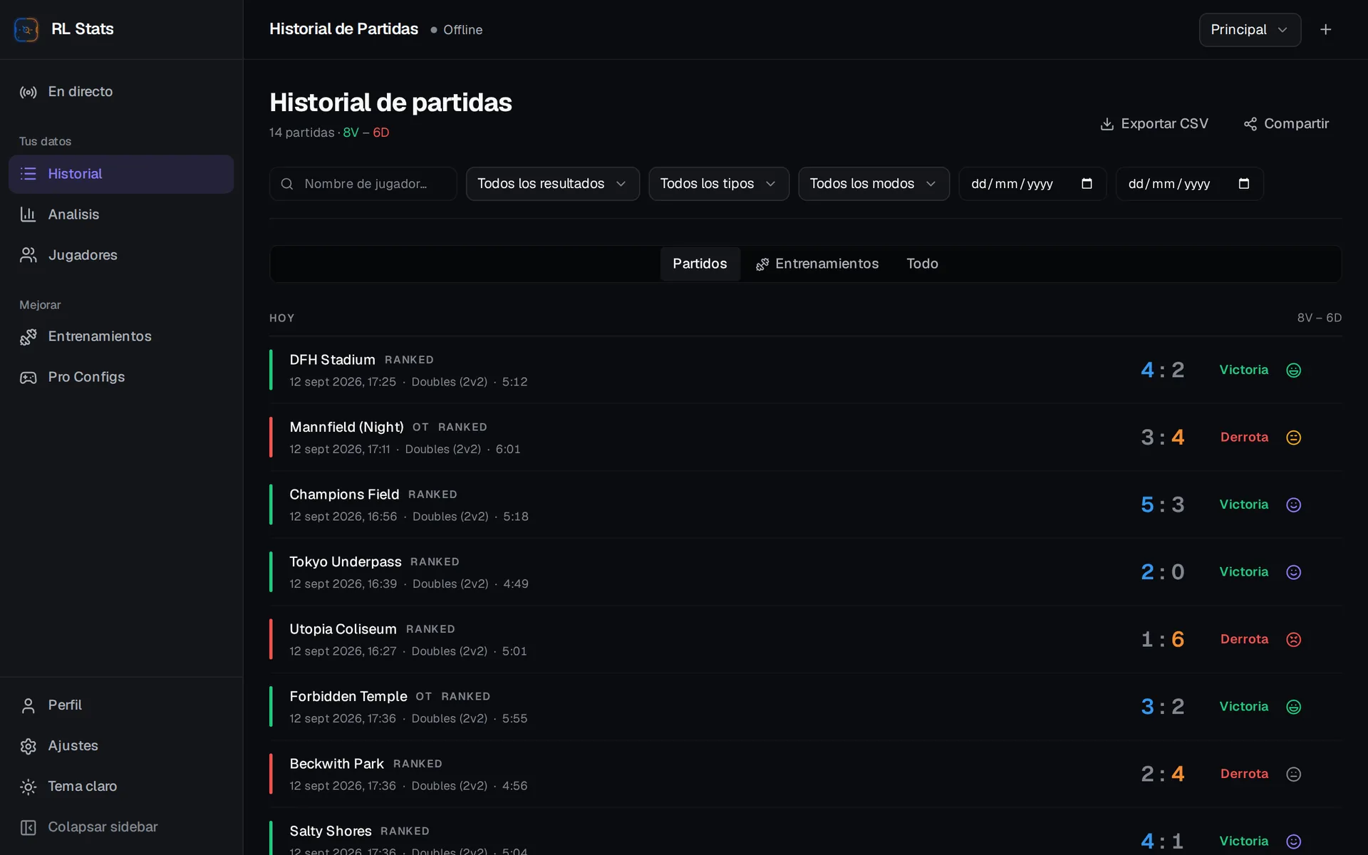 RL Stats — Historial de partidas con filtros